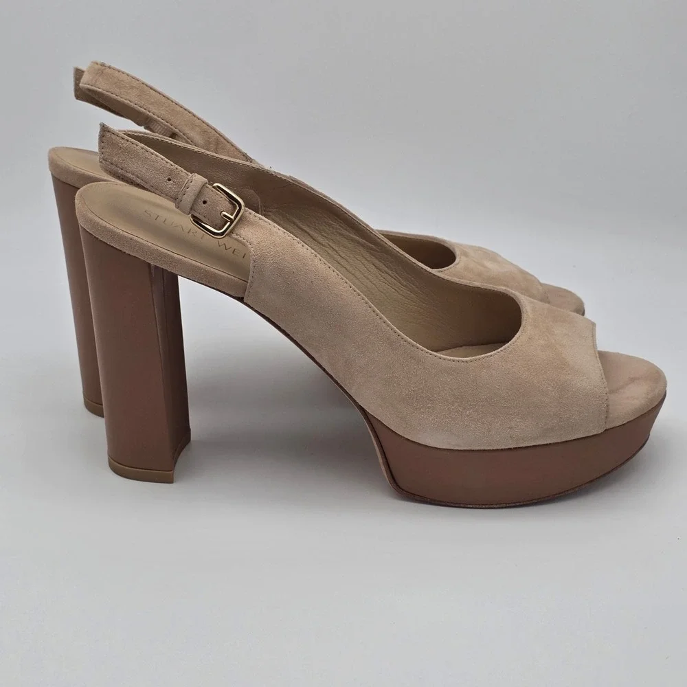Stuart Weitzman Slingshot Block Heels Women 10 Tan Suede Platform‎ Wedding Guest